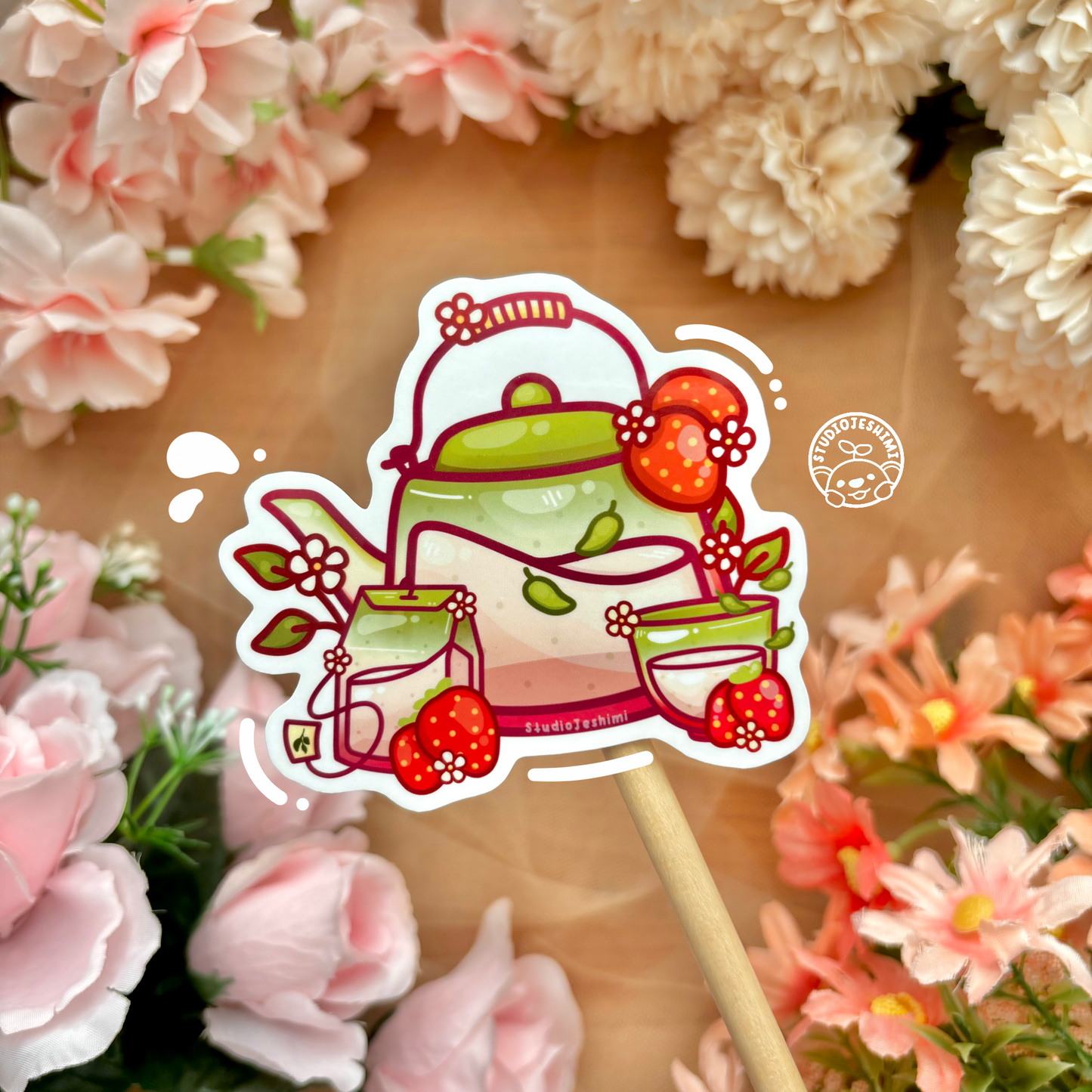 Strawberry Matcha Tea Set Sticker